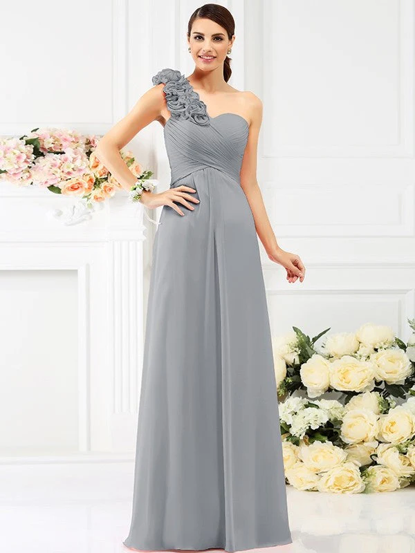Charming One Shoulder Hand-Made Flower Sleeveless Long Chiffon Bridesmaid Dresses - Image 27