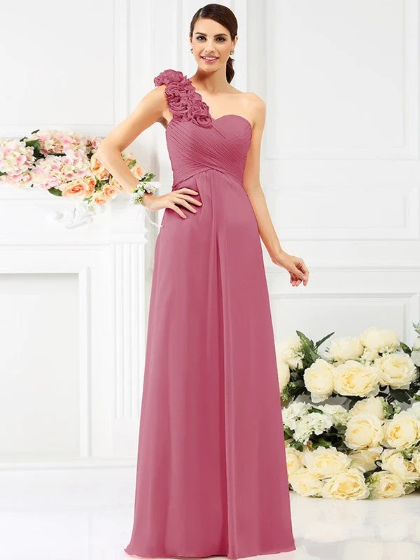 Charming One Shoulder Hand-Made Flower Sleeveless Long Chiffon Bridesmaid Dresses - Image 29