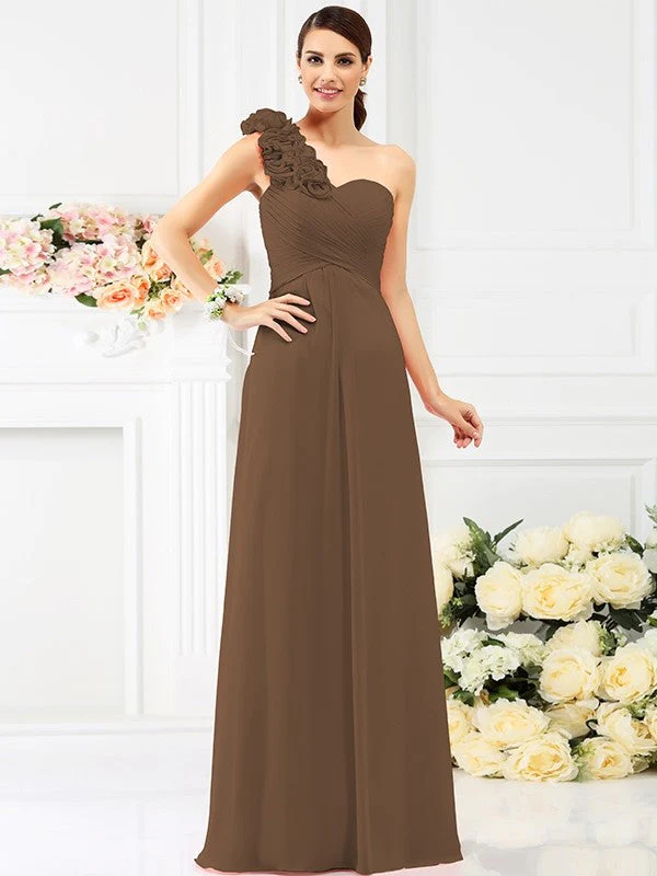 Charming One Shoulder Hand-Made Flower Sleeveless Long Chiffon Bridesmaid Dresses - Image 3