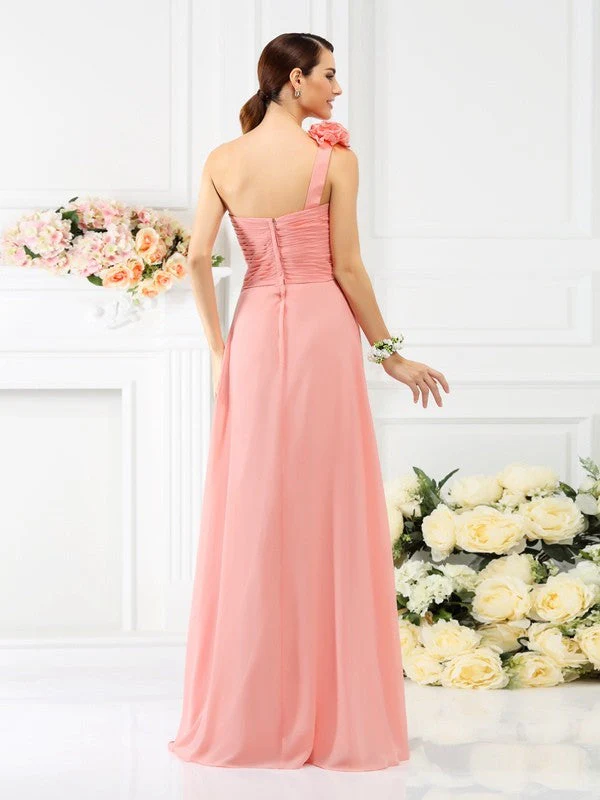 Charming One Shoulder Hand-Made Flower Sleeveless Long Chiffon Bridesmaid Dresses - Image 30