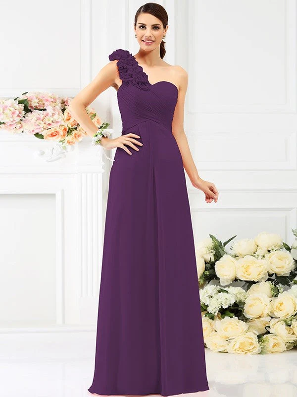 Charming One Shoulder Hand-Made Flower Sleeveless Long Chiffon Bridesmaid Dresses - Image 4