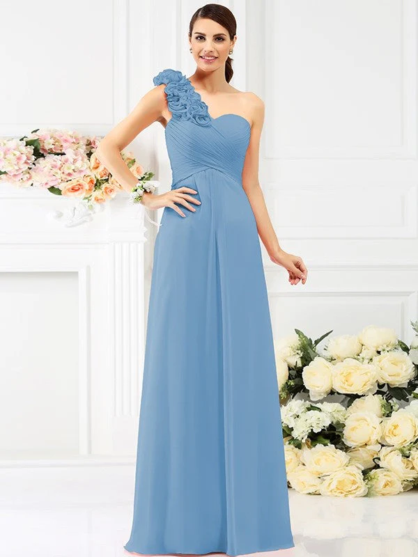 Charming One Shoulder Hand-Made Flower Sleeveless Long Chiffon Bridesmaid Dresses - Image 5