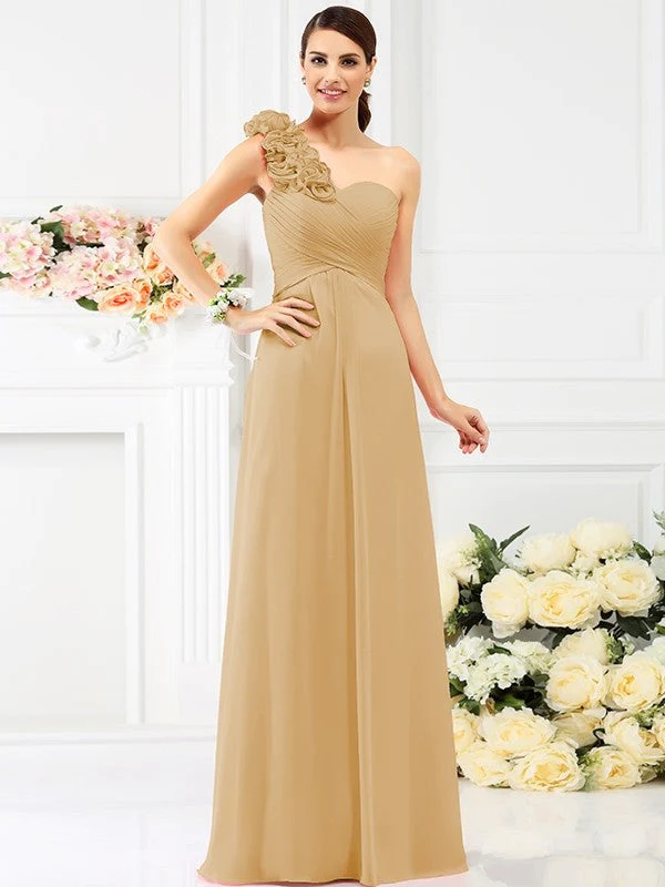 Charming One Shoulder Hand-Made Flower Sleeveless Long Chiffon Bridesmaid Dresses - Image 6