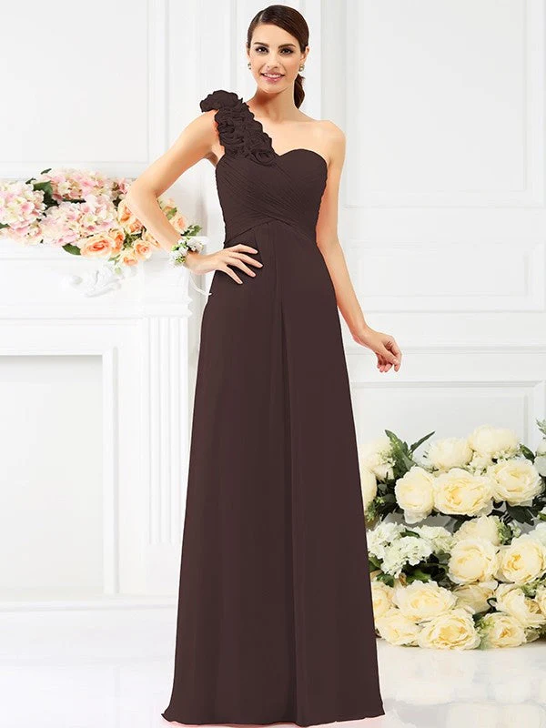 Charming One Shoulder Hand-Made Flower Sleeveless Long Chiffon Bridesmaid Dresses - Image 7