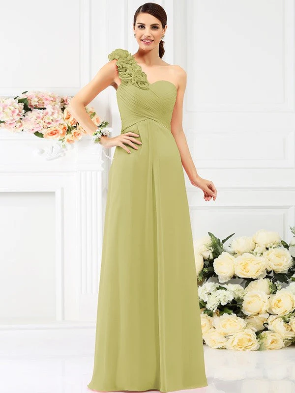 Charming One Shoulder Hand-Made Flower Sleeveless Long Chiffon Bridesmaid Dresses - Image 8