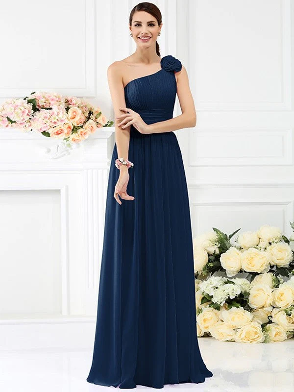 Charming One Shoulder Pleats Hand-Made Flower Sleeveless Long Chiffon Bridesmaid Dresses - Image 10