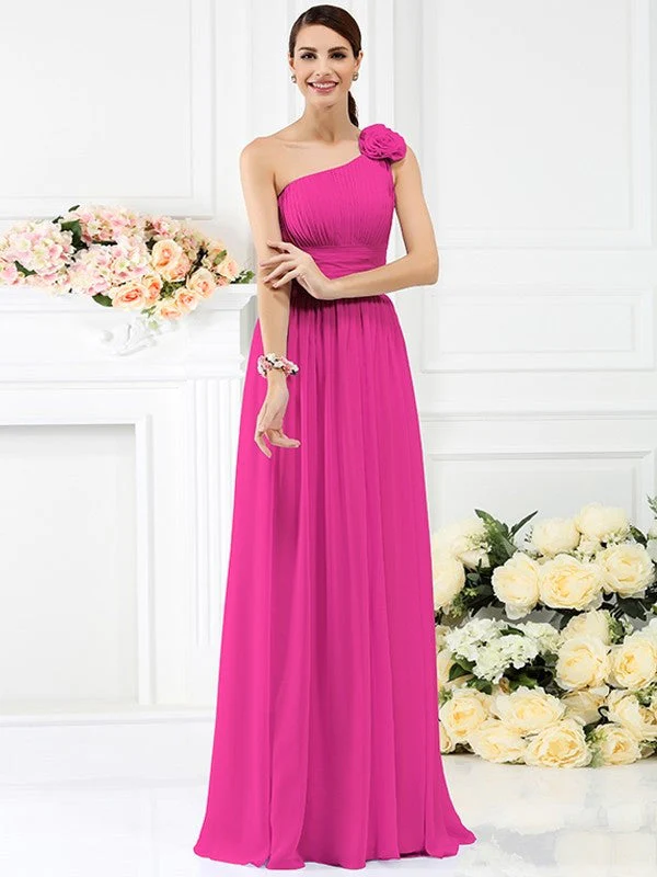 Charming One Shoulder Pleats Hand-Made Flower Sleeveless Long Chiffon Bridesmaid Dresses - Image 11