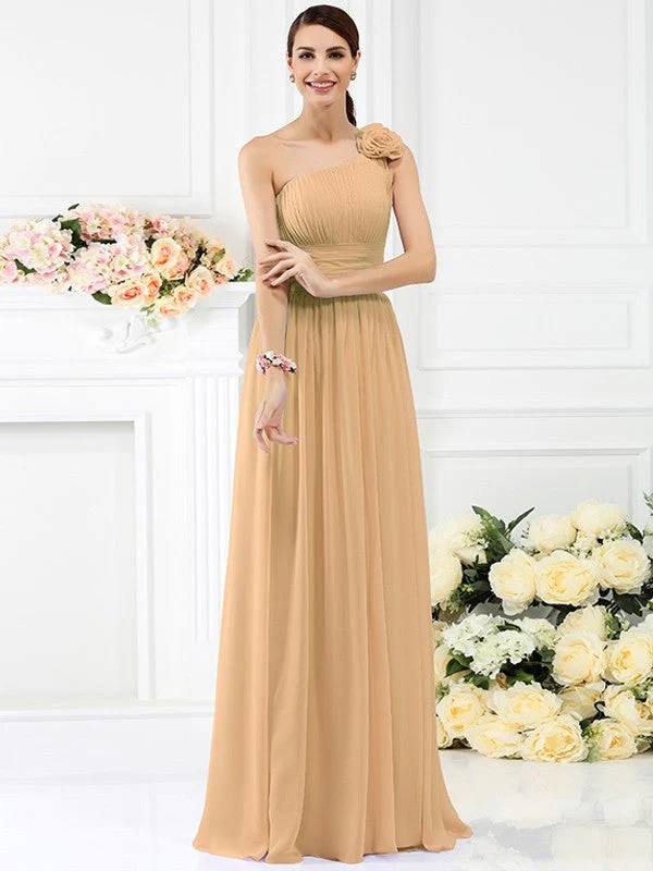 Charming One Shoulder Pleats Hand-Made Flower Sleeveless Long Chiffon Bridesmaid Dresses - Image 12