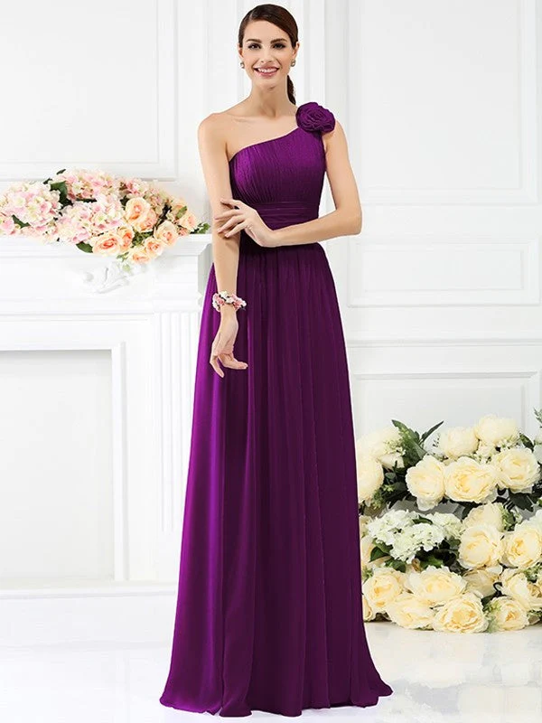 Charming One Shoulder Pleats Hand-Made Flower Sleeveless Long Chiffon Bridesmaid Dresses - Image 13