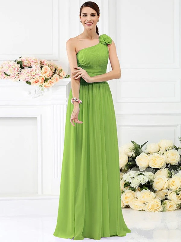 Charming One Shoulder Pleats Hand-Made Flower Sleeveless Long Chiffon Bridesmaid Dresses - Image 14