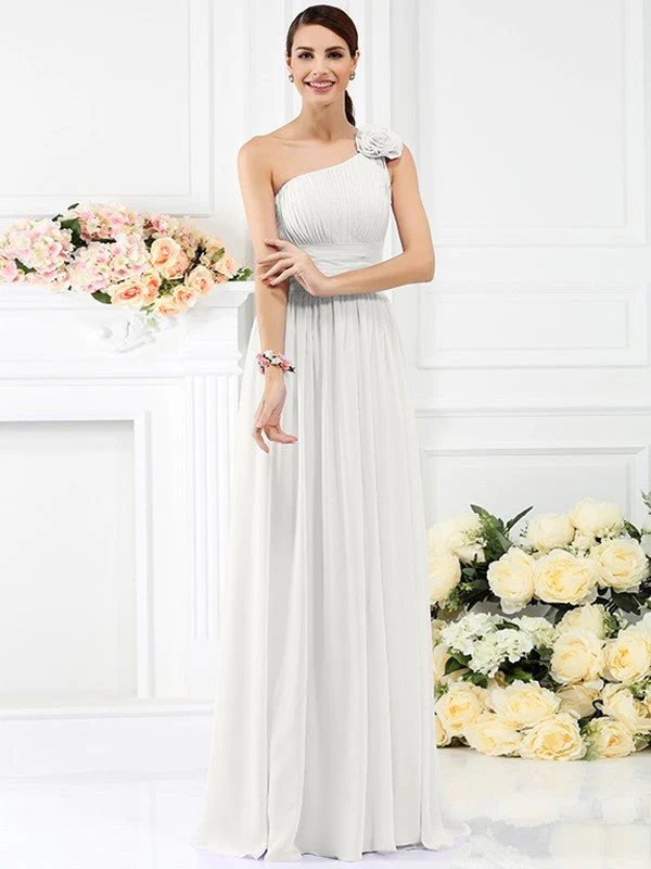 Charming One Shoulder Pleats Hand-Made Flower Sleeveless Long Chiffon Bridesmaid Dresses - Image 16