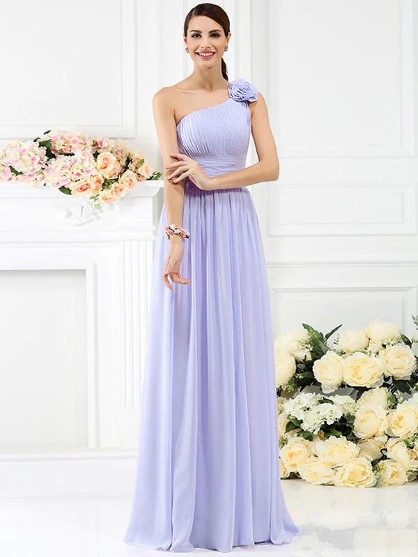 Charming One Shoulder Pleats Hand-Made Flower Sleeveless Long Chiffon Bridesmaid Dresses - Image 17