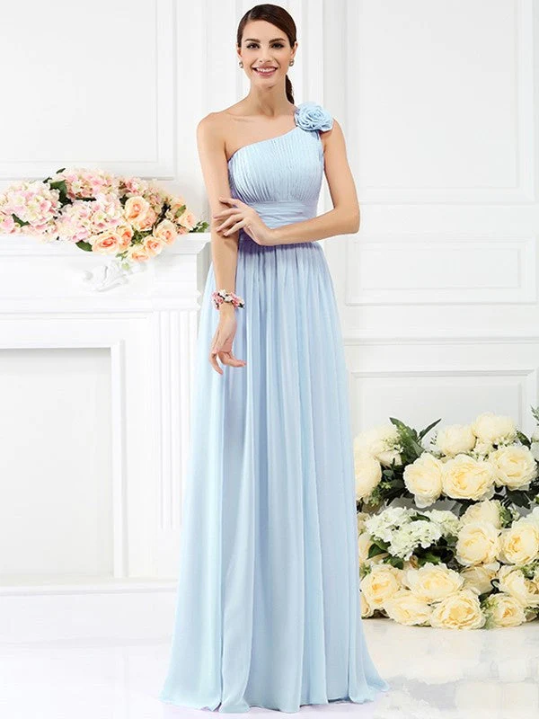 Charming One Shoulder Pleats Hand-Made Flower Sleeveless Long Chiffon Bridesmaid Dresses - Image 18