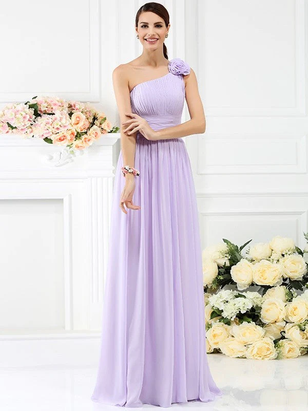 Charming One Shoulder Pleats Hand-Made Flower Sleeveless Long Chiffon Bridesmaid Dresses - Image 19