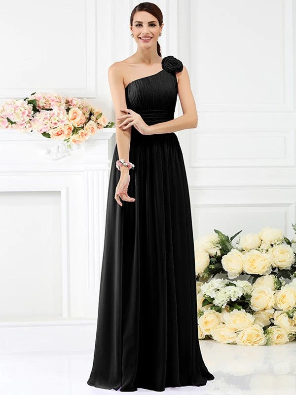 Charming One Shoulder Pleats Hand-Made Flower Sleeveless Long Chiffon Bridesmaid Dresses - Image 2