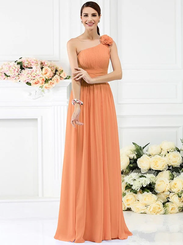 Charming One Shoulder Pleats Hand-Made Flower Sleeveless Long Chiffon Bridesmaid Dresses - Image 20