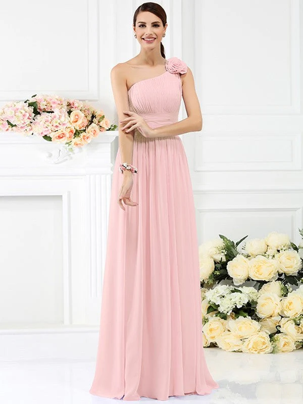 Charming One Shoulder Pleats Hand-Made Flower Sleeveless Long Chiffon Bridesmaid Dresses - Image 21