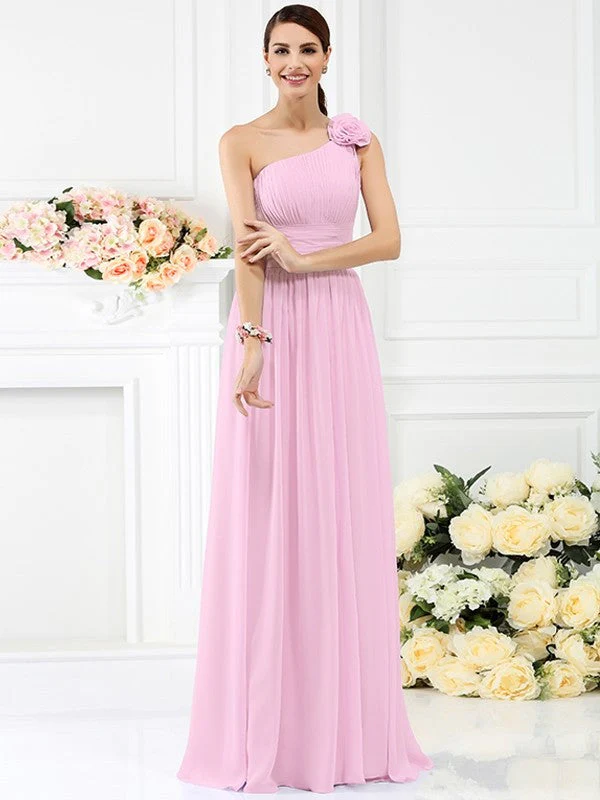 Charming One Shoulder Pleats Hand-Made Flower Sleeveless Long Chiffon Bridesmaid Dresses - Image 22
