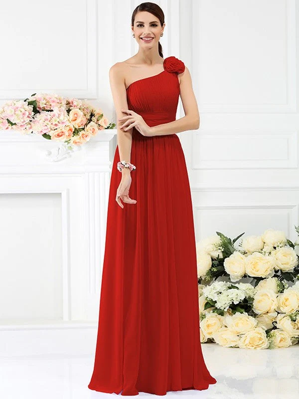 Charming One Shoulder Pleats Hand-Made Flower Sleeveless Long Chiffon Bridesmaid Dresses - Image 23