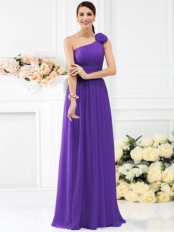 Charming One Shoulder Pleats Hand-Made Flower Sleeveless Long Chiffon Bridesmaid Dresses - Image 24