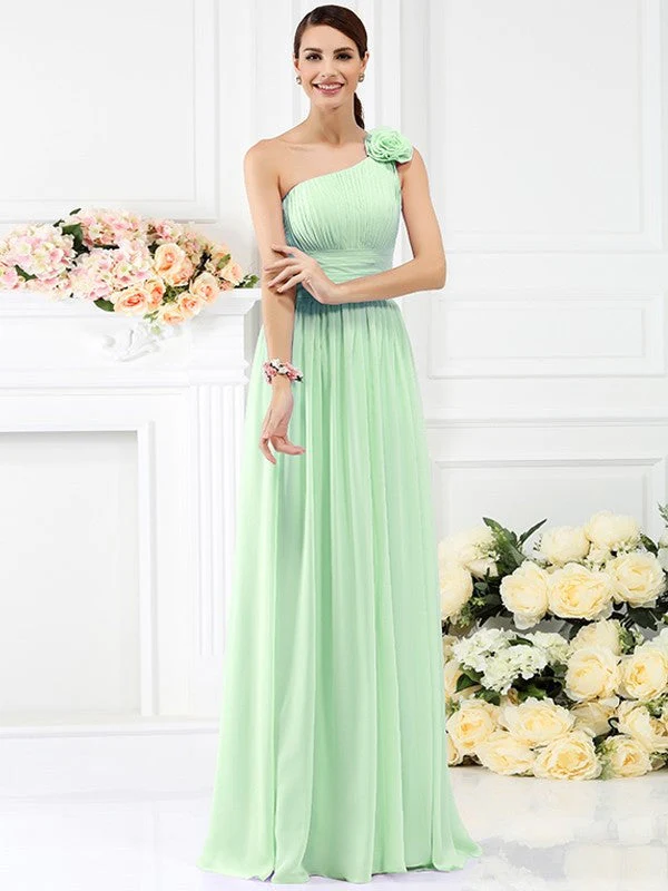 Charming One Shoulder Pleats Hand-Made Flower Sleeveless Long Chiffon Bridesmaid Dresses - Image 26