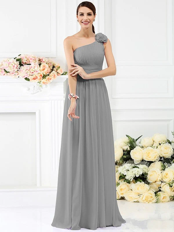 Charming One Shoulder Pleats Hand-Made Flower Sleeveless Long Chiffon Bridesmaid Dresses - Image 27