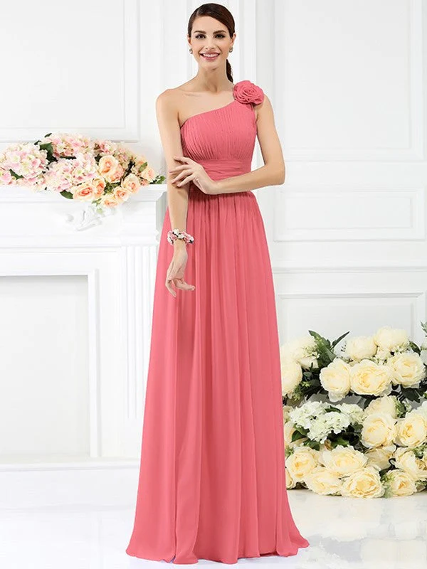 Charming One Shoulder Pleats Hand-Made Flower Sleeveless Long Chiffon Bridesmaid Dresses - Image 28