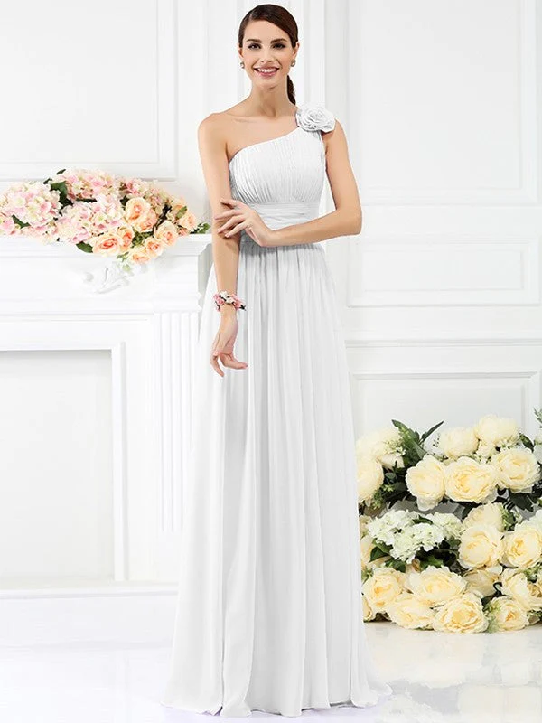 Charming One Shoulder Pleats Hand-Made Flower Sleeveless Long Chiffon Bridesmaid Dresses - Image 29