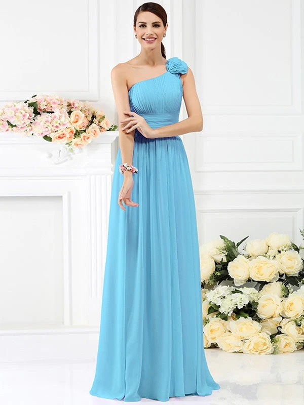 Charming One Shoulder Pleats Hand-Made Flower Sleeveless Long Chiffon Bridesmaid Dresses - Image 3