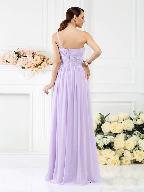 Charming One Shoulder Pleats Hand-Made Flower Sleeveless Long Chiffon Bridesmaid Dresses - Image 30