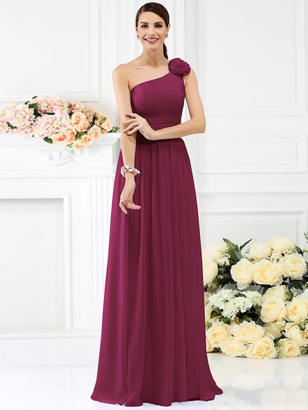 Charming One Shoulder Pleats Hand-Made Flower Sleeveless Long Chiffon Bridesmaid Dresses - Image 5