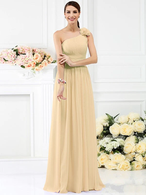 Charming One Shoulder Pleats Hand-Made Flower Sleeveless Long Chiffon Bridesmaid Dresses - Image 6