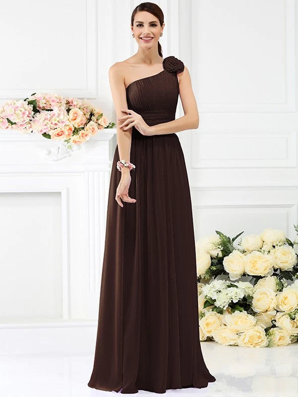 Charming One Shoulder Pleats Hand-Made Flower Sleeveless Long Chiffon Bridesmaid Dresses - Image 7