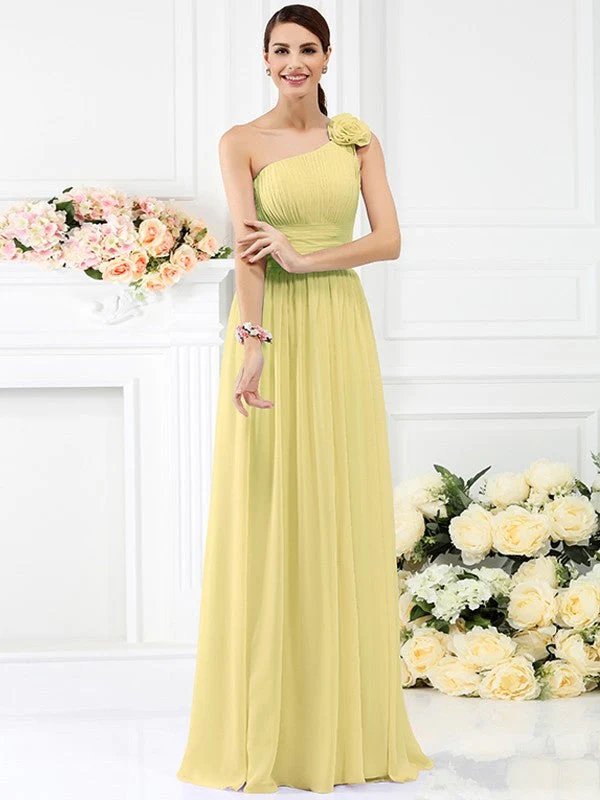 Charming One Shoulder Pleats Hand-Made Flower Sleeveless Long Chiffon Bridesmaid Dresses - Image 8