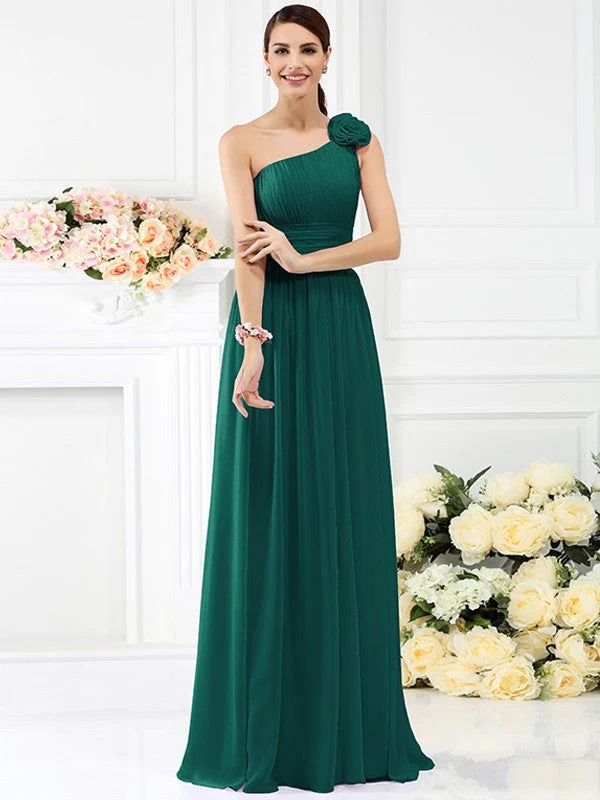 Charming One Shoulder Pleats Hand-Made Flower Sleeveless Long Chiffon Bridesmaid Dresses - Image 9