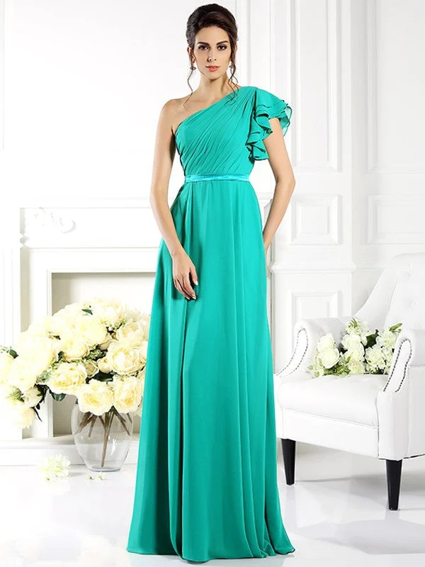 Charming One Shoulder Ruffles Sleeveless Long Chiffon Bridesmaid Dresses - Image 15