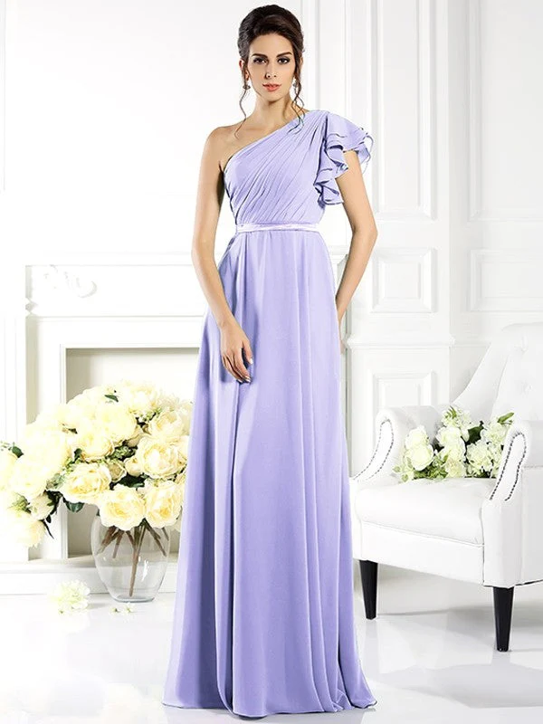 Charming One Shoulder Ruffles Sleeveless Long Chiffon Bridesmaid Dresses - Image 17