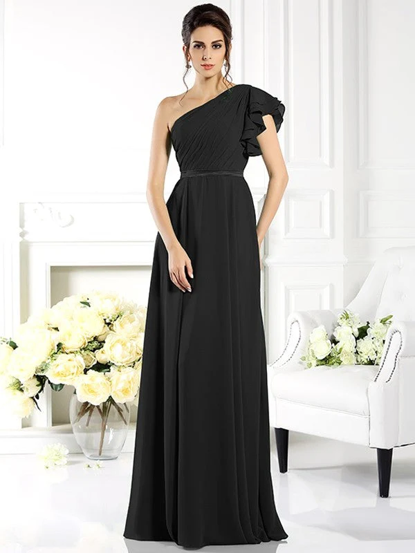 Charming One Shoulder Ruffles Sleeveless Long Chiffon Bridesmaid Dresses - Image 2