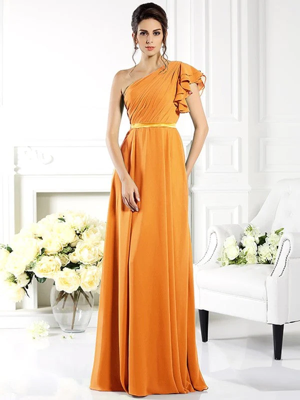 Charming One Shoulder Ruffles Sleeveless Long Chiffon Bridesmaid Dresses - Image 20