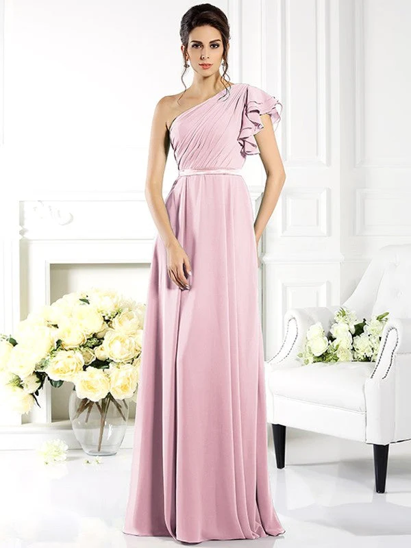 Charming One Shoulder Ruffles Sleeveless Long Chiffon Bridesmaid Dresses - Image 22