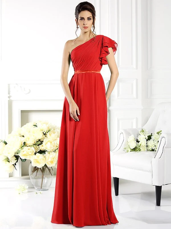 Charming One Shoulder Ruffles Sleeveless Long Chiffon Bridesmaid Dresses - Image 23