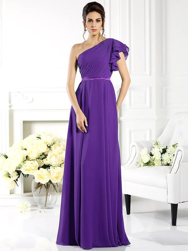 Charming One Shoulder Ruffles Sleeveless Long Chiffon Bridesmaid Dresses - Image 24