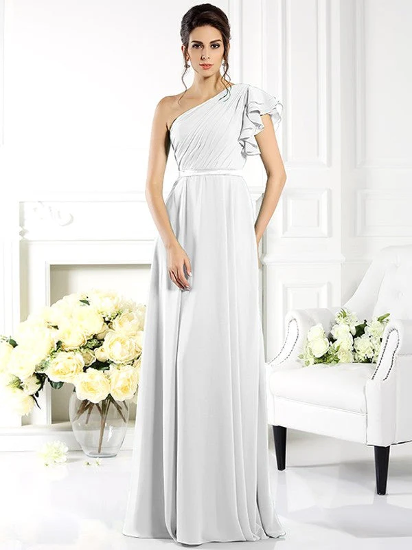 Charming One Shoulder Ruffles Sleeveless Long Chiffon Bridesmaid Dresses - Image 29