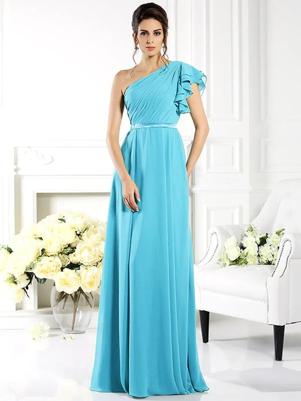 Charming One Shoulder Ruffles Sleeveless Long Chiffon Bridesmaid Dresses - Image 3