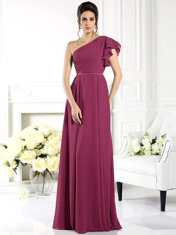 Charming One Shoulder Ruffles Sleeveless Long Chiffon Bridesmaid Dresses - Image 5