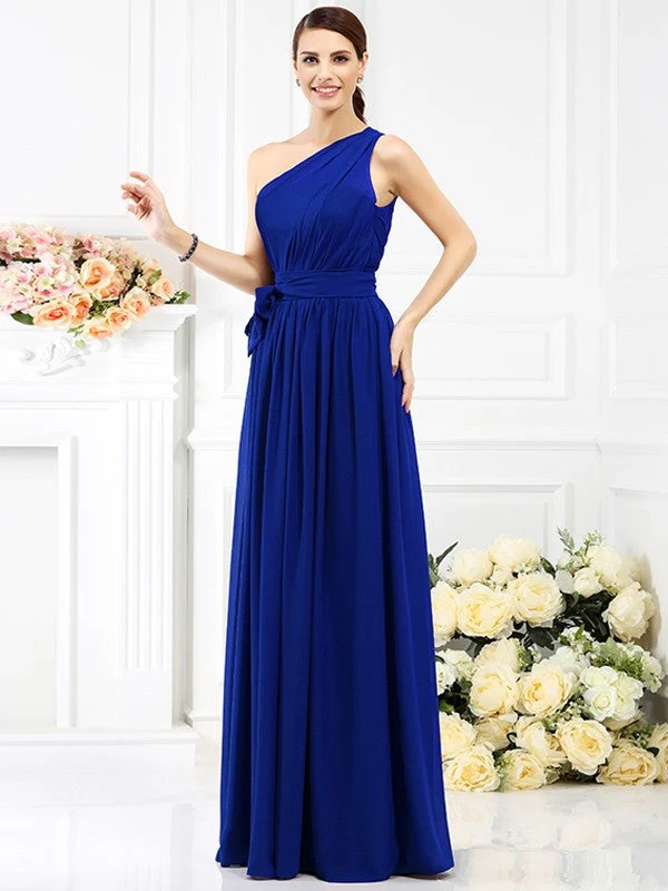 Charming One Shoulder Sash/Ribbon/Belt Sleeveless Long Chiffon Bridesmaid Dresses - Image 24