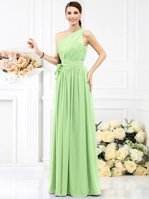 Charming One Shoulder Sash/Ribbon/Belt Sleeveless Long Chiffon Bridesmaid Dresses - Image 25