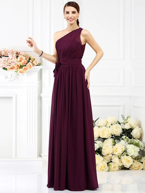 Charming One Shoulder Sash/Ribbon/Belt Sleeveless Long Chiffon Bridesmaid Dresses - Image 4
