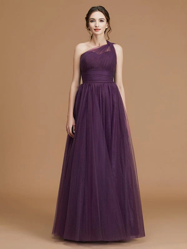 Classy Sleeveless One Shoulders Ruched Tulle Bridesmaid Dresses - Image 3