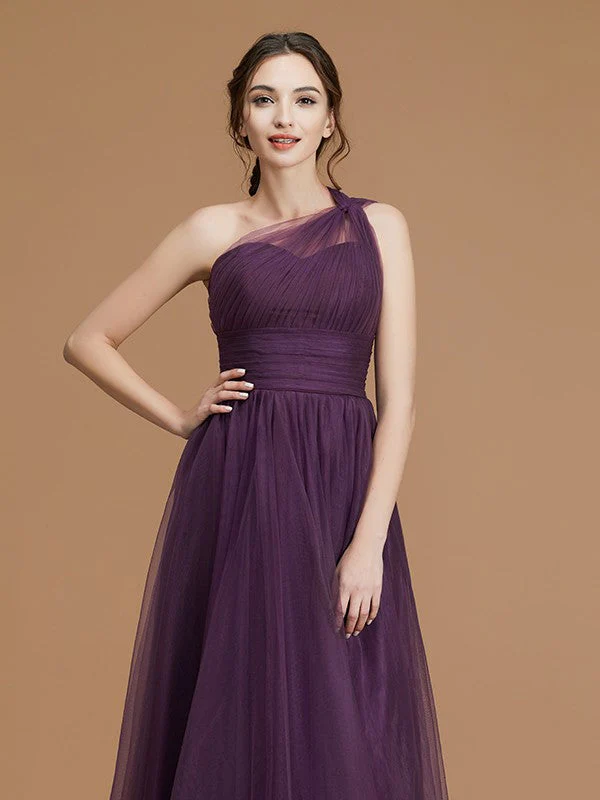 Classy Sleeveless One Shoulders Ruched Tulle Bridesmaid Dresses - Image 5